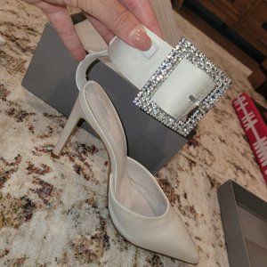 House of CB White Satin Heel with Diamond Buckle